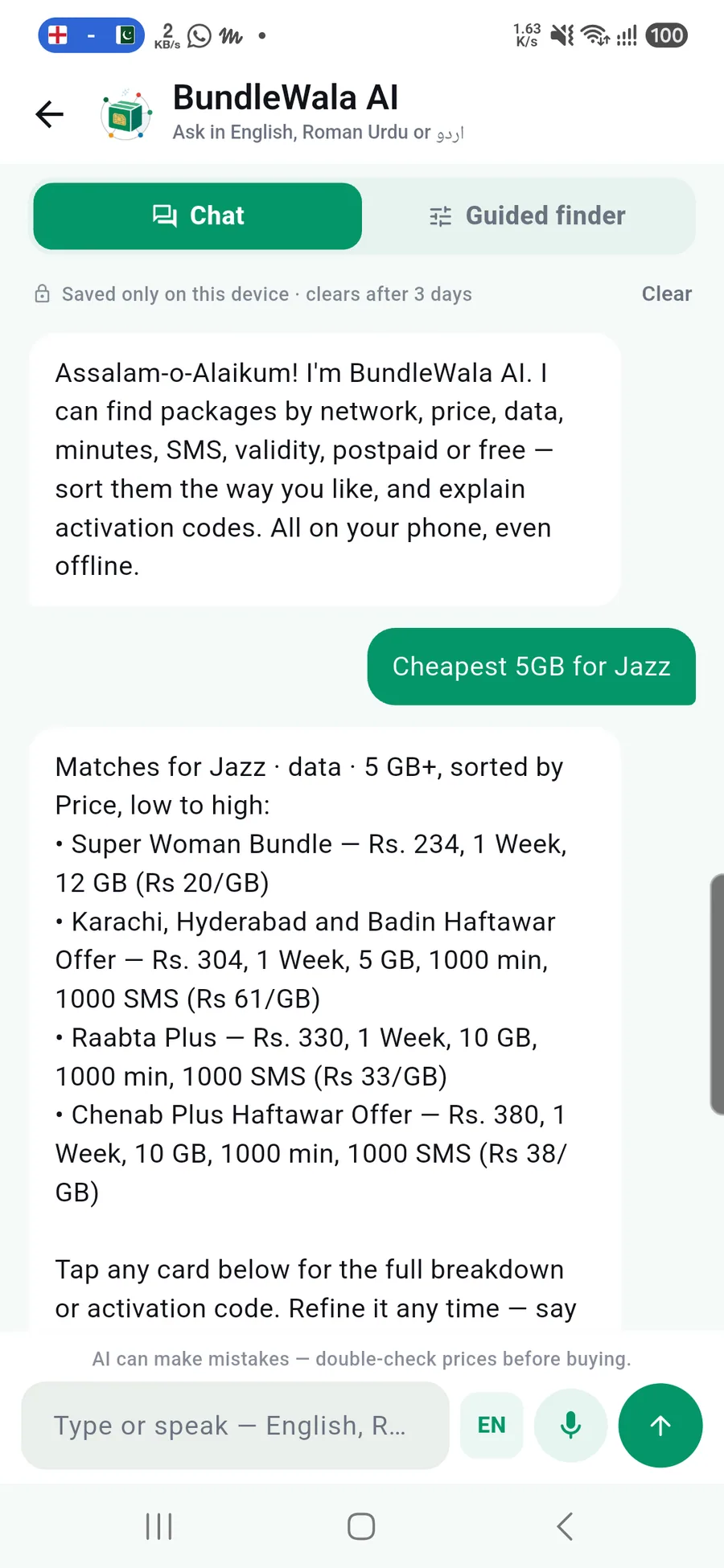 BundleWala AI chat answering a question about the cheapest 5GB on Jazz with four matching packages
