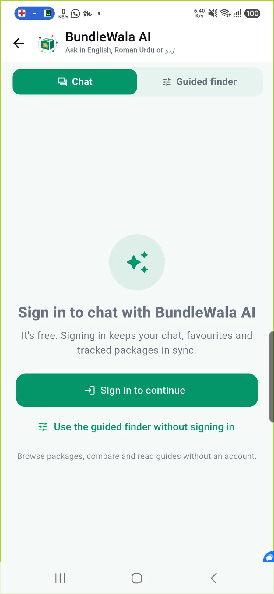 BundleWala AI sign-in gate with a Google sign-in button and a shortcut to the guest guided finder