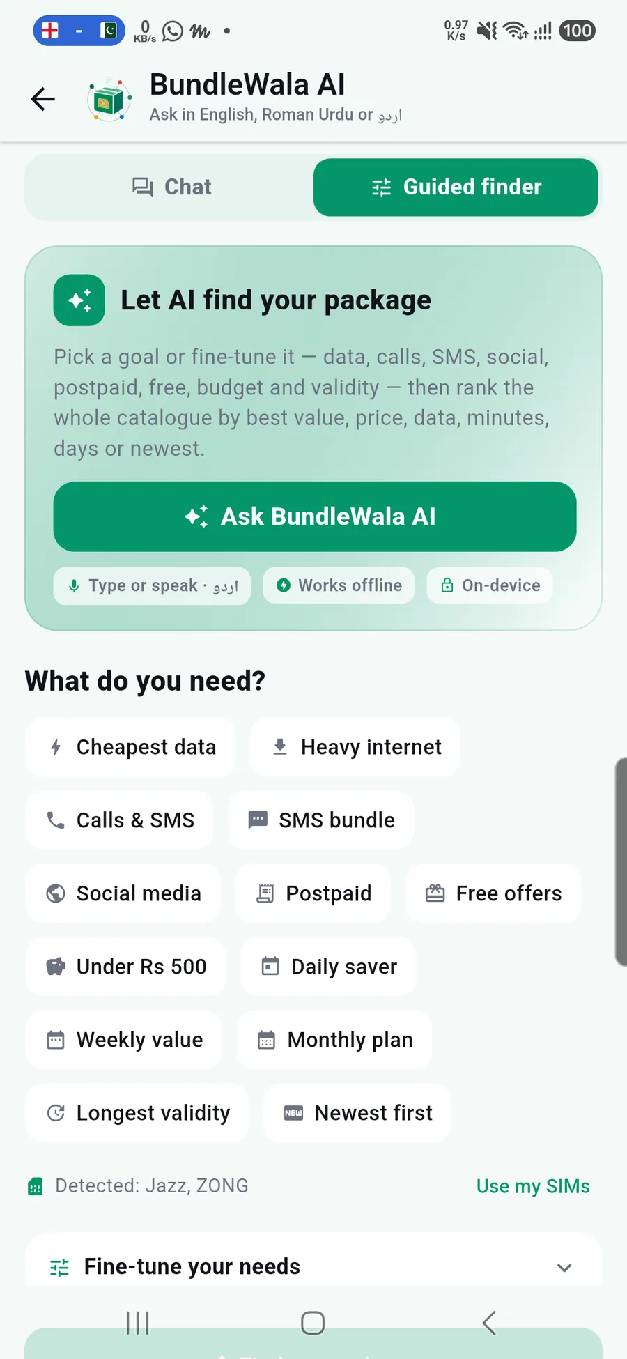 BundleWala guided finder start screen with goal chips for data, calls, social, postpaid and budget