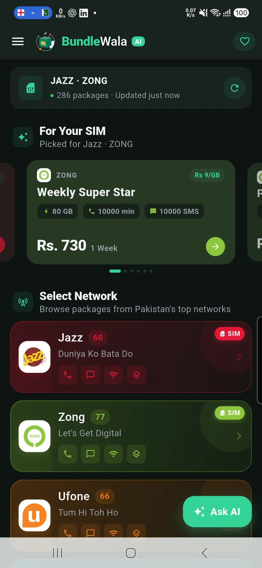 BundleWala home screen in dark mode with the same catalogue and carrier cards