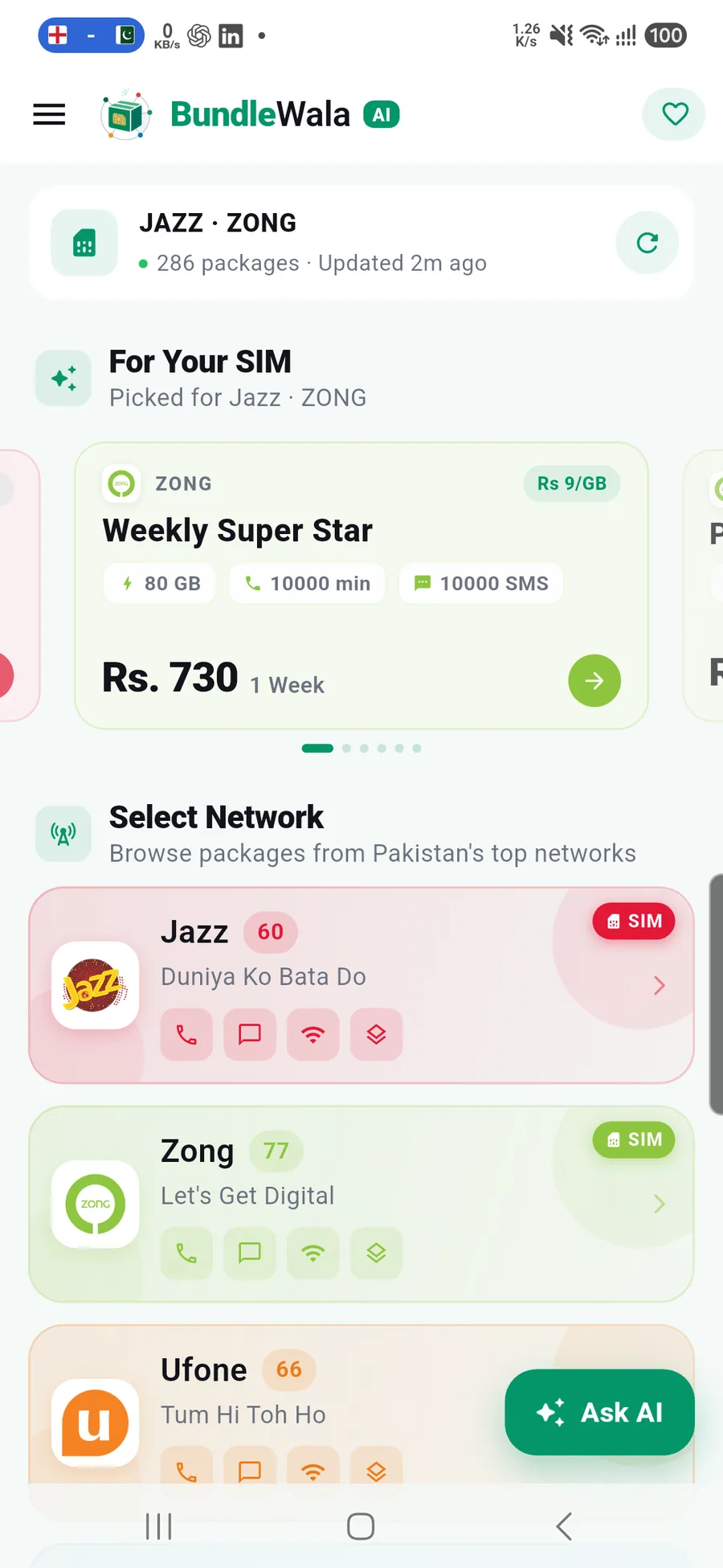 BundleWala home screen with the live catalogue and a featured Zong package