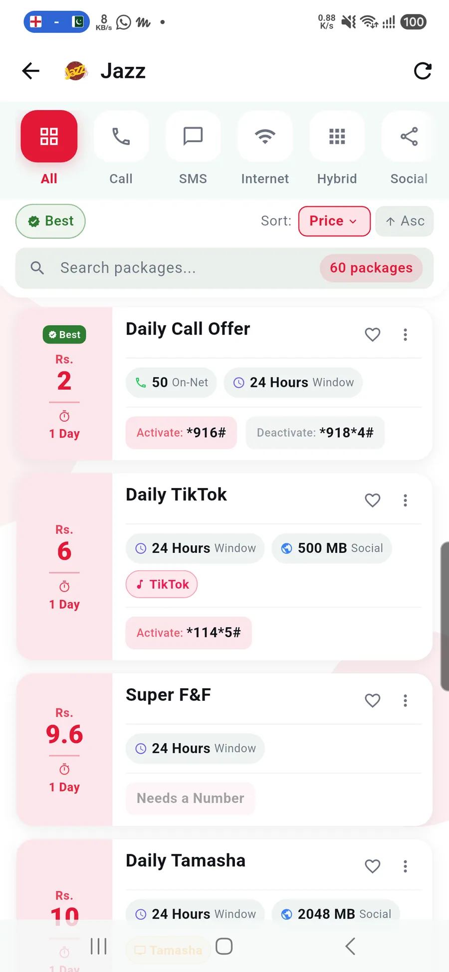 BundleWala packages list filtered by all networks and sorted by price